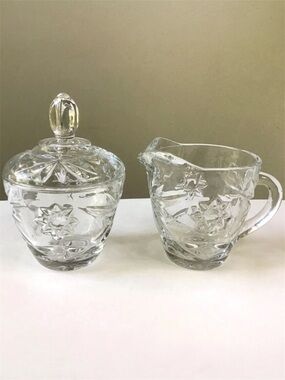 Vintage Anchor Hocking Sugar and Creamer Set Early American Prescut Clear Glass
